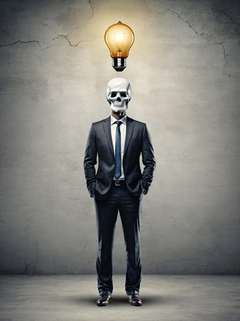 businessman with light bulb instead headの素材