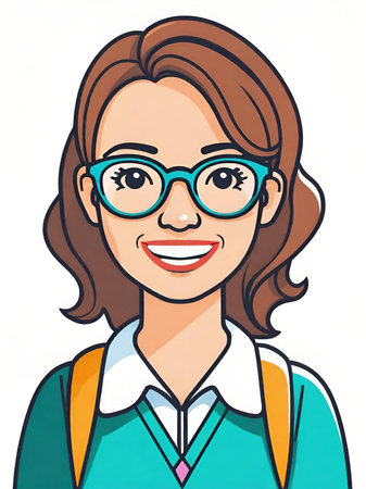 young girl in glasses with backpack and blue jacket