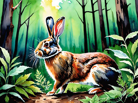forest rabbit in the forest. watercolor style illustrationの素材