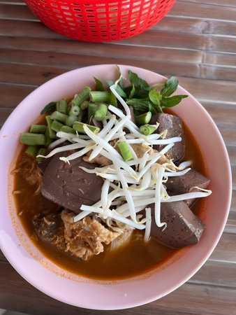 close up view of asian food, spicy noodle on table