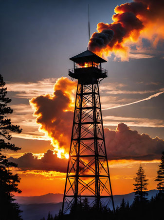 sunset over the mountain towerの素材