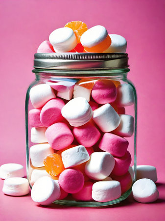 colorful candies in jar on pink backgroundの素材
