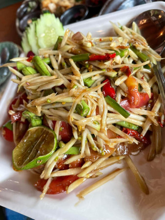 close up view of delicious asian food, papaya saladの写真素材