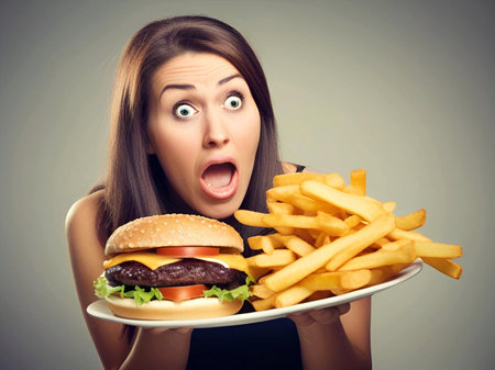 young girl eating a hamburgerの素材