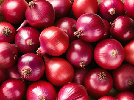 red onion background with fresh onion bulbsの素材