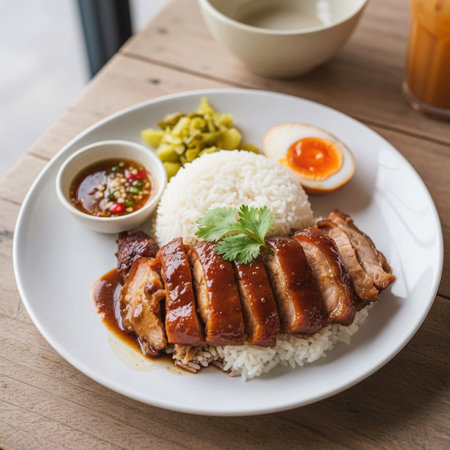 fried pork with rice and sauce with sauce and fried eggの素材