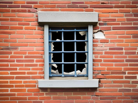broken window with an old brick wall.の素材