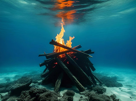 a view of a burning fire in the seaの素材