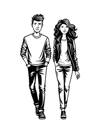 young couple with casual clothes cartoon charactersの写真素材
