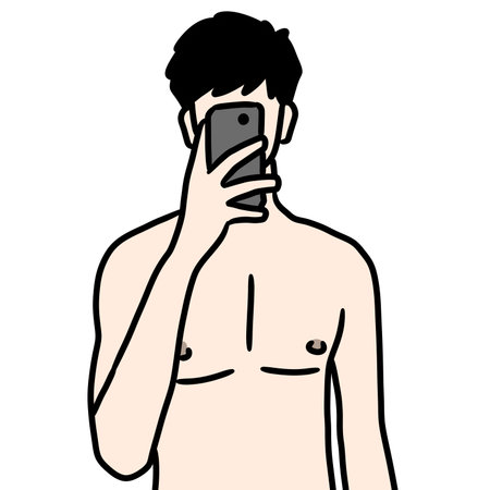 cartoon man taking selfie on white backgroundの写真素材