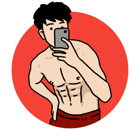 a man in sportswear is taking a selfie with a phone. illustration isolated on white background.の写真素材