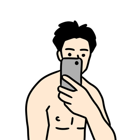 cartoon man taking selfie on white backgroundの写真素材