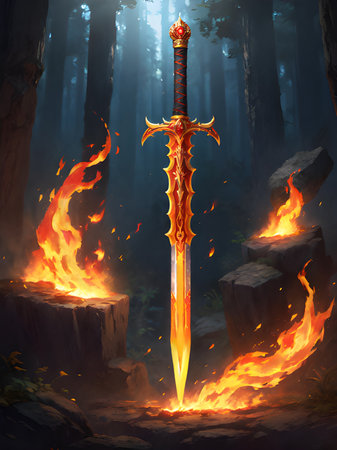 realistic red sword with burning fire in forestの素材
