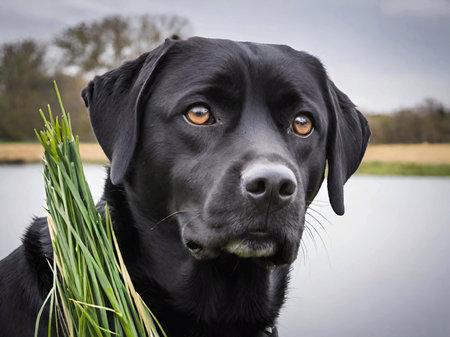 labrador dog portrait in summer grass close up view. black labrador on green grassの素材