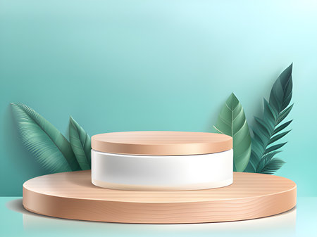podium with leaf and podium for product presentation on green background with podium 3 d render.の素材