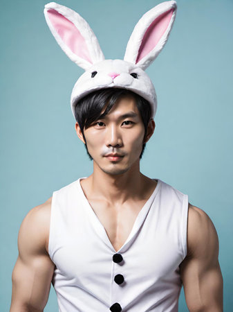 young handsome chinese man wearing bunny ears and rabbit costume skepticの素材
