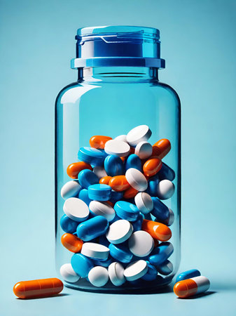 glass bottle with pills on white background.の素材