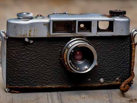 old retro camera with a wooden backgroundの素材