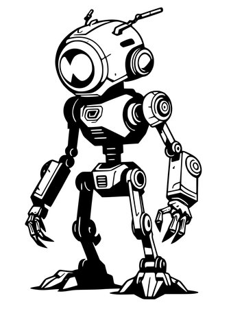 black and white illustration of a robotの写真素材