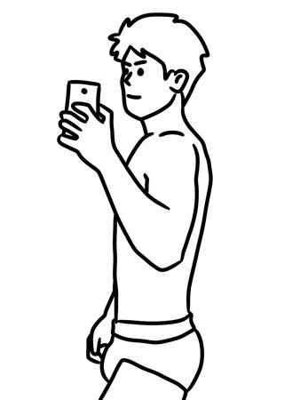 hand drawn cartoon of a young man using a mobile phoneの写真素材