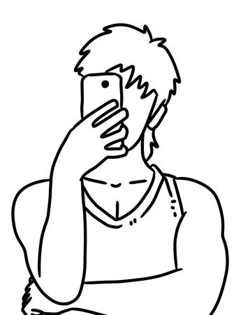 hand drawn cartoon of a young man using a mobile phoneの写真素材