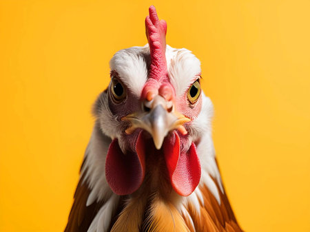 rooster and chicken on yellow backgroundの素材