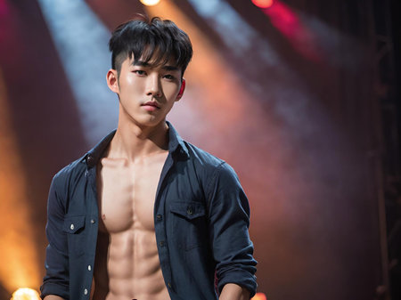 young handsome asian man posing in studioの素材