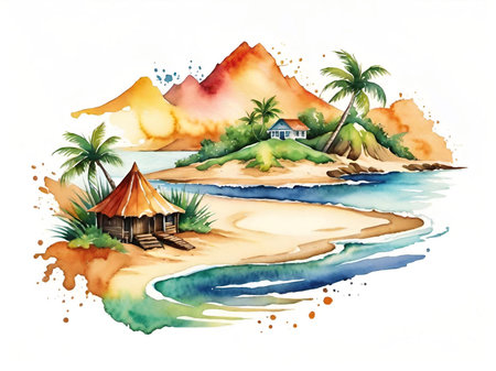 summer landscape, tropical beach, watercolor illustration.の素材