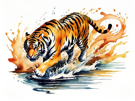 watercolor tiger on water splash, hand drawn illustrationの素材