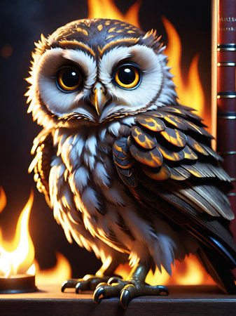 cute owl with a candle in the background of the fireplaceの素材