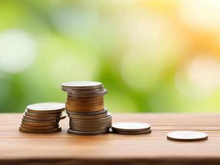 stack of coin with money on wooden table, blurred backgroundの素材