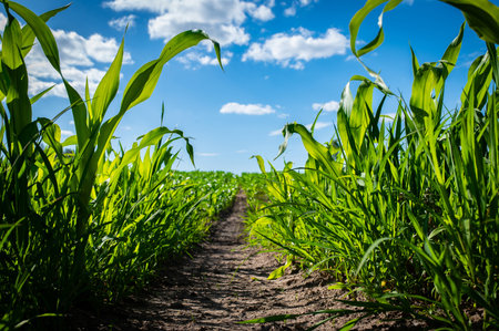 Corn agriculture. Green nature. Rural field on farm land in summer. Plant growth. Farming scene. Outdoor landscape. Organic leaf. Crop season. Sun in the sky.の写真素材