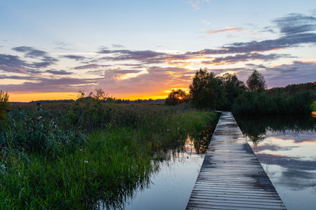 National Take a Hike Day. World Tourism Day. The Sabbath. National Sunset Day. Landscape in Estonia Voru with Flooded Trail Across Meadow under Summer Sunset Skyの写真素材