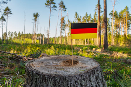 Germany Deforestation. Ecological disaster, deforestation in Nordrhein Westfalen and Bayern. Felled pine trees.の写真素材