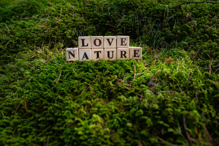 Word NURTURE made with wood blocks on a green, moss, forest background. Greenの写真素材