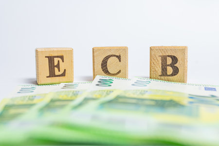 Real Estate. Euro. Interest rates. Inflation. Monetary Policy. Press Conference. Wooden cubes with...