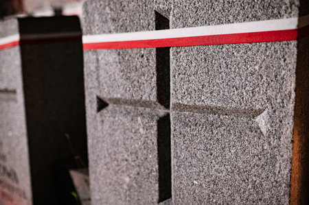 White and Red Ribbon on Monument. November 11. World War I Ends, Poland Independence Day, 1918...
