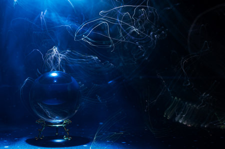 Abstract mystical scene featuring a crystal ball used in divination and future vision rituals,...