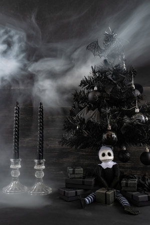 Alternative holiday concept combining goth, dark aesthetics, and unconventional Christmas...