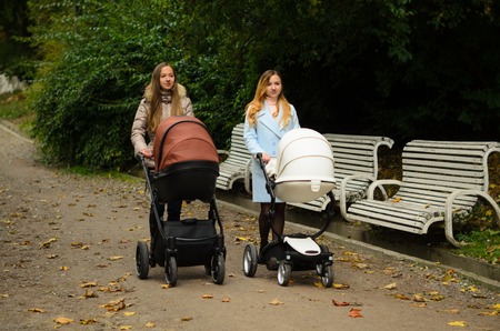 Two happy mothers with their baby strollers walking together in park. Prams for newborns. Motherhood