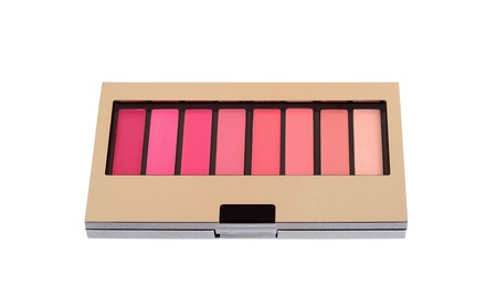 Close new lipstick colorful vivid palette. Cosmetics kit for lip makeup. Lip gloss and balm in one box isolated on white background. Red pink nude color selection. View from topの写真素材