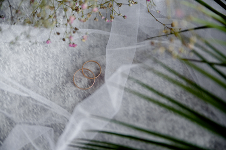 Still life two wedding rings on the veilの写真素材