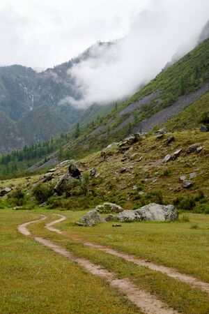 the road leads to cliffs overgrown with grass and shrouded in morning fogの写真素材