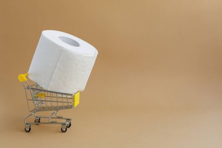 roll of white toilet paper with a sleeve with a pattern or perforation and a grocery cart on a brown backgroundの写真素材