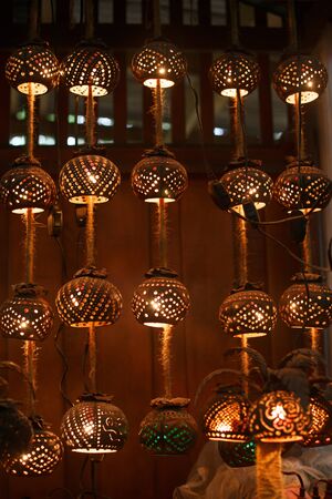 Thai garland, lamp and light made from coconut shell. Home decorの写真素材