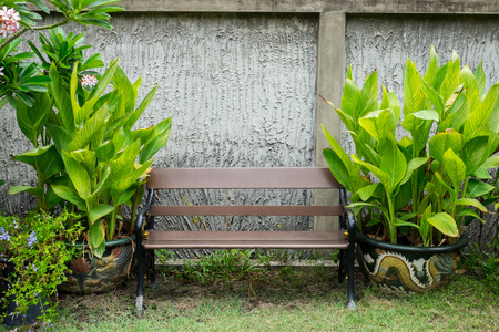 Green bench in the park wih plants in dragon flowerpot on left and rightの写真素材