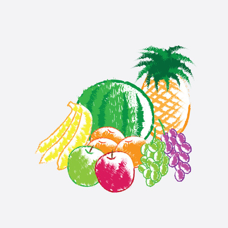 Color charcoal painting of fruits - banana, melon, pineapple, green apple, red apple, orange, grape, green grapeのイラスト素材