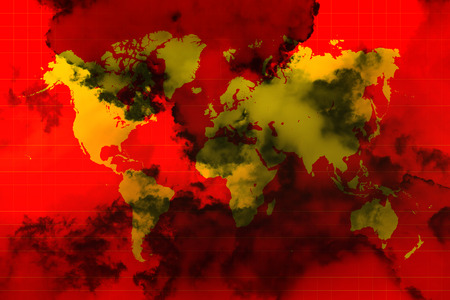 Yellow world map on red background and black smoke all over the world representing the world in chaosの写真素材