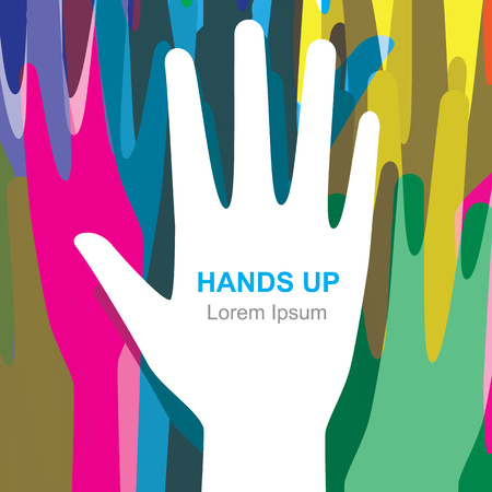 Color hands up with white black hand in the middle for text. Vote and election background. Volunteer background.のイラスト素材