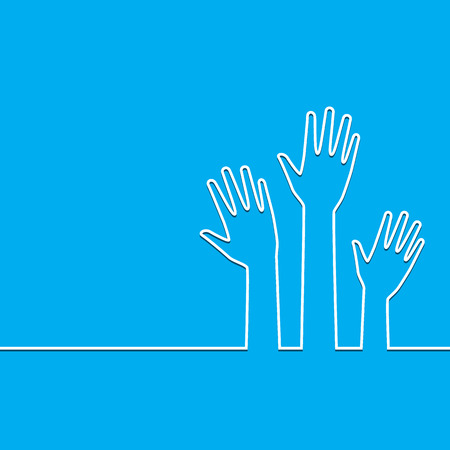 White hands up on blue background. Vote and election background. Volunteer background.のイラスト素材